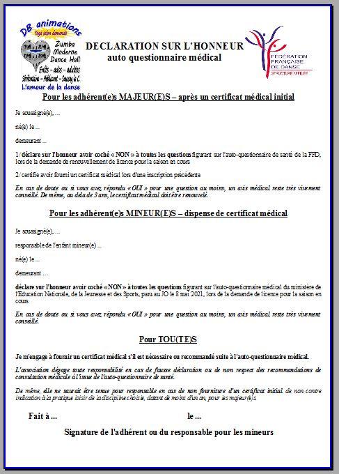 2025 2026 d db declaration sur l honneur autoquestionnaire medical