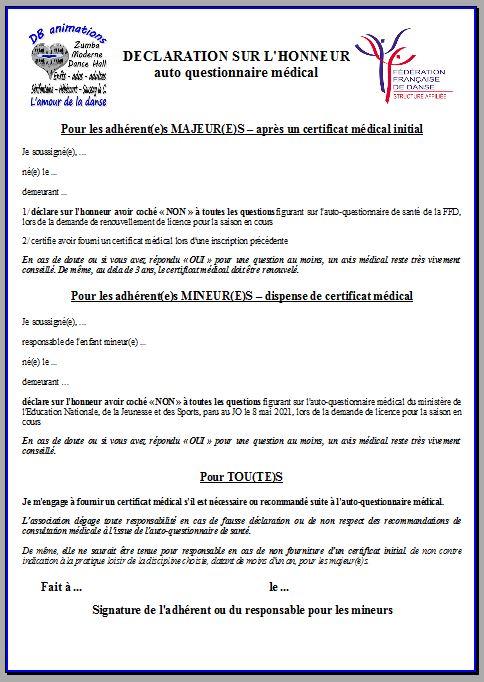 2026 2027 d db declaration sur l honneur autoquestionnaire medical
